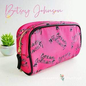 Betsey Johnson Letters Square Loaf Cosmetic Travel Make-up Bag Hot pink Large